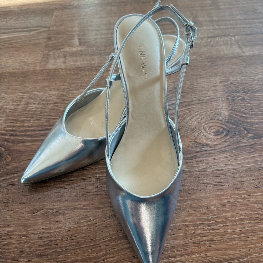 Nine West Metallic Silver Pointed Slingback Heels